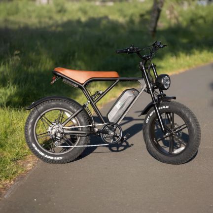 Close-up van een fatbike voorwiel met een dikke, noppenband en hydraulische remklauw.